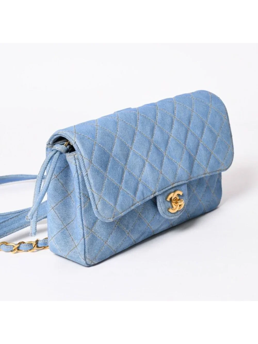 Chanel Quilted Denim Backpack Turnlock Indigo Blue Gold